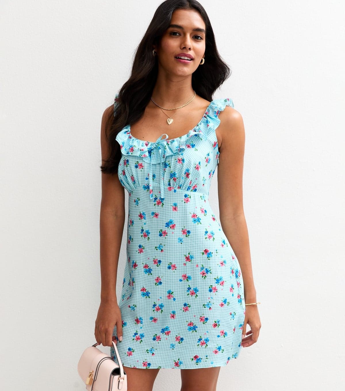 New Look Women's Blue Gingham Check Floral Print Ruffled Mini Dress New Look