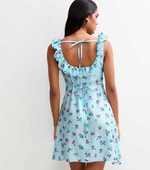 New Look Women's Blue Gingham Check Floral Print Ruffled Mini Dress New Look - 3