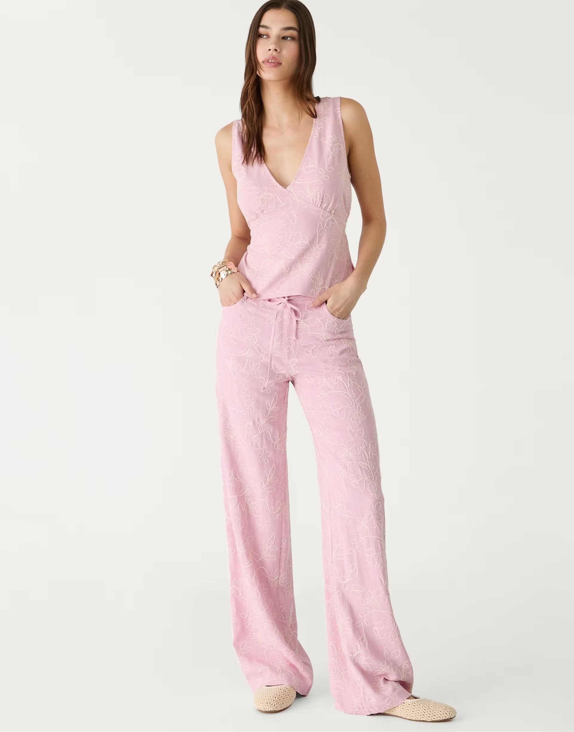 ASOS Stradivarius embroidered straight leg trousers with linen in pastel pink
