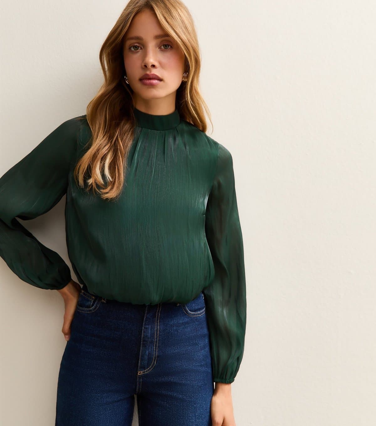 New Look Women's Green Shimmer High Neck Long Sleeve Bubble Hem Top New Look