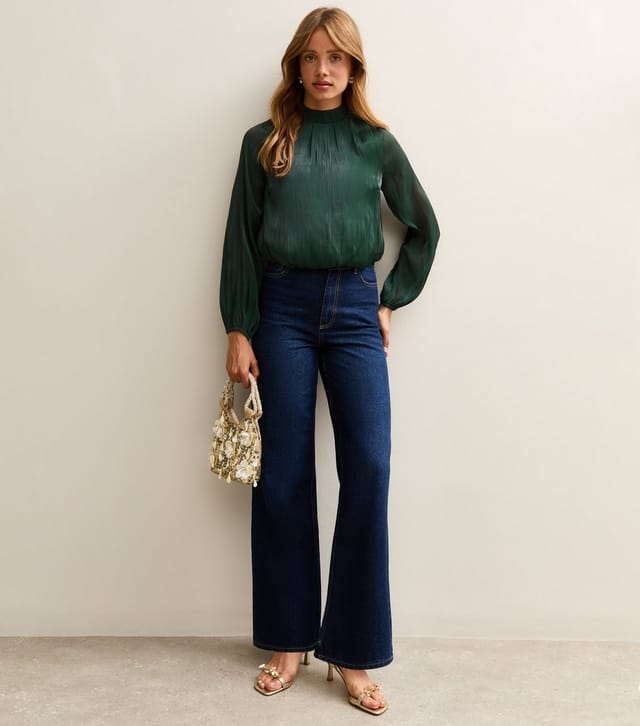 New Look Women's Green Shimmer High Neck Long Sleeve Bubble Hem Top New Look - 2
