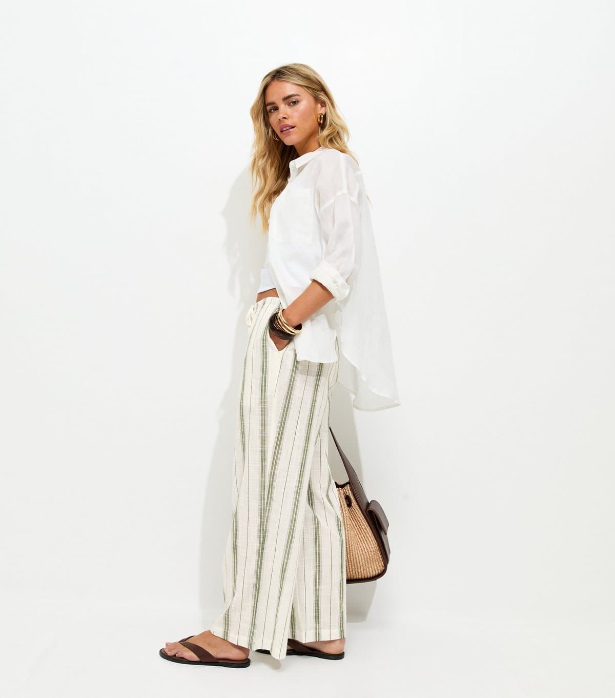 New Look Women's Petite Green Striped Woven Wide Leg Trousers New Look