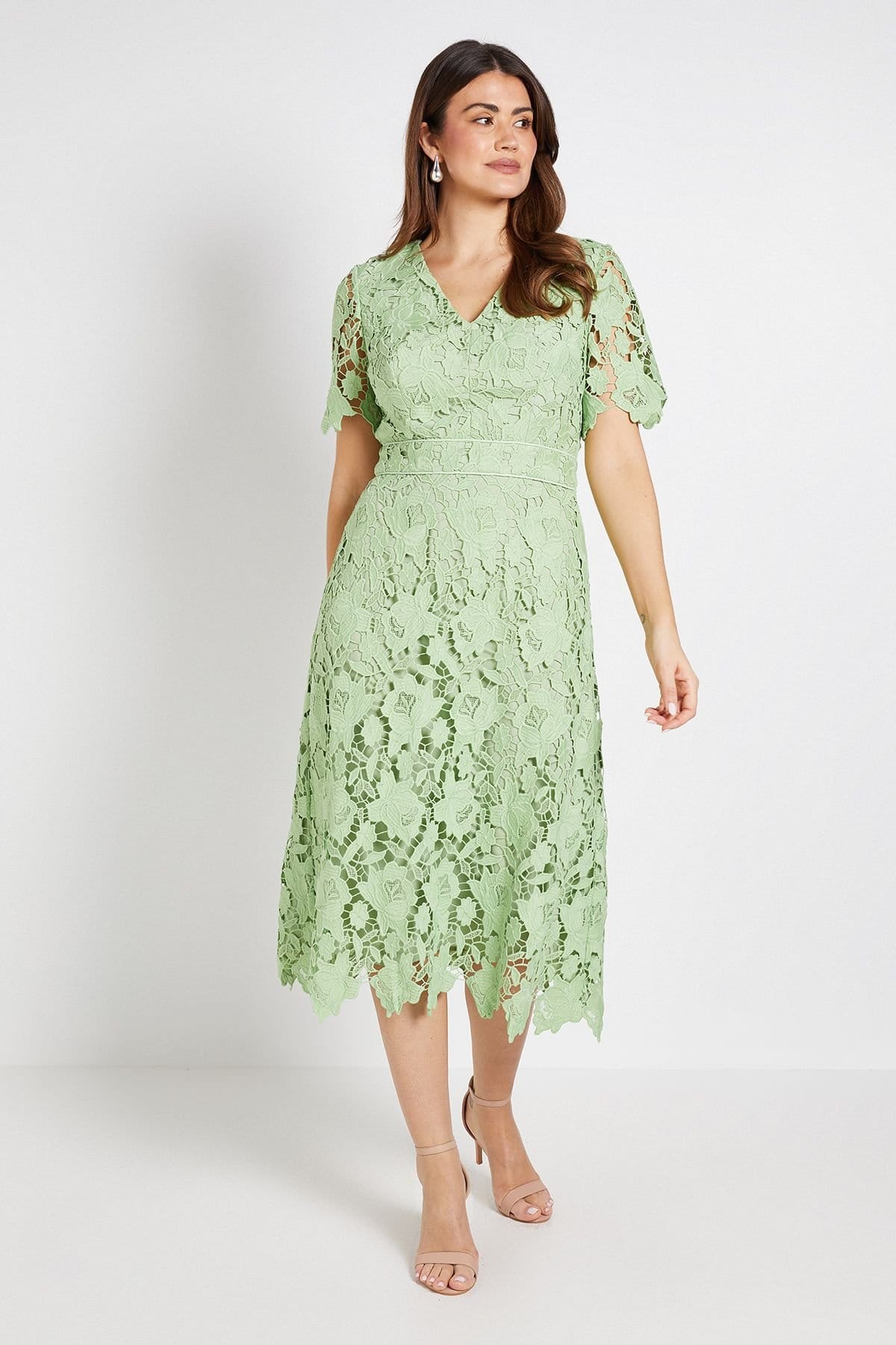 Wallis Green Lace Midi Dress with V-Neckline