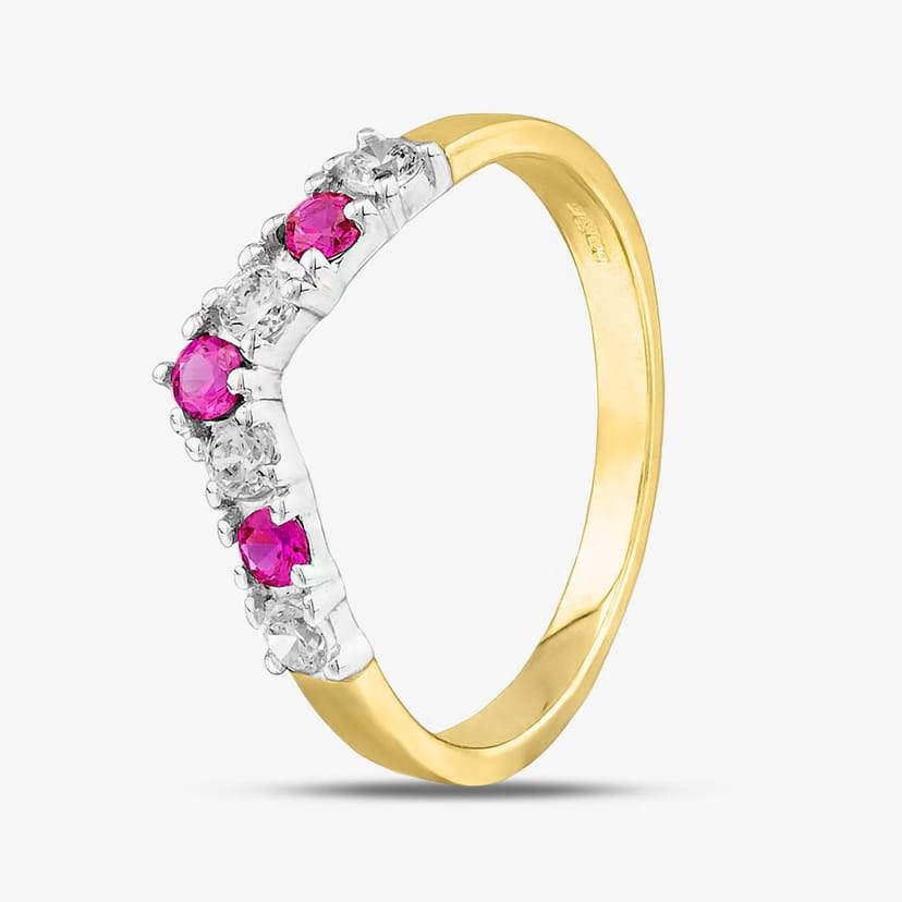T.H.Baker T.H.Baker Women's 9ct Yellow Gold Clear & Red Crystal Wishbone Ring DIV003R-M - 1