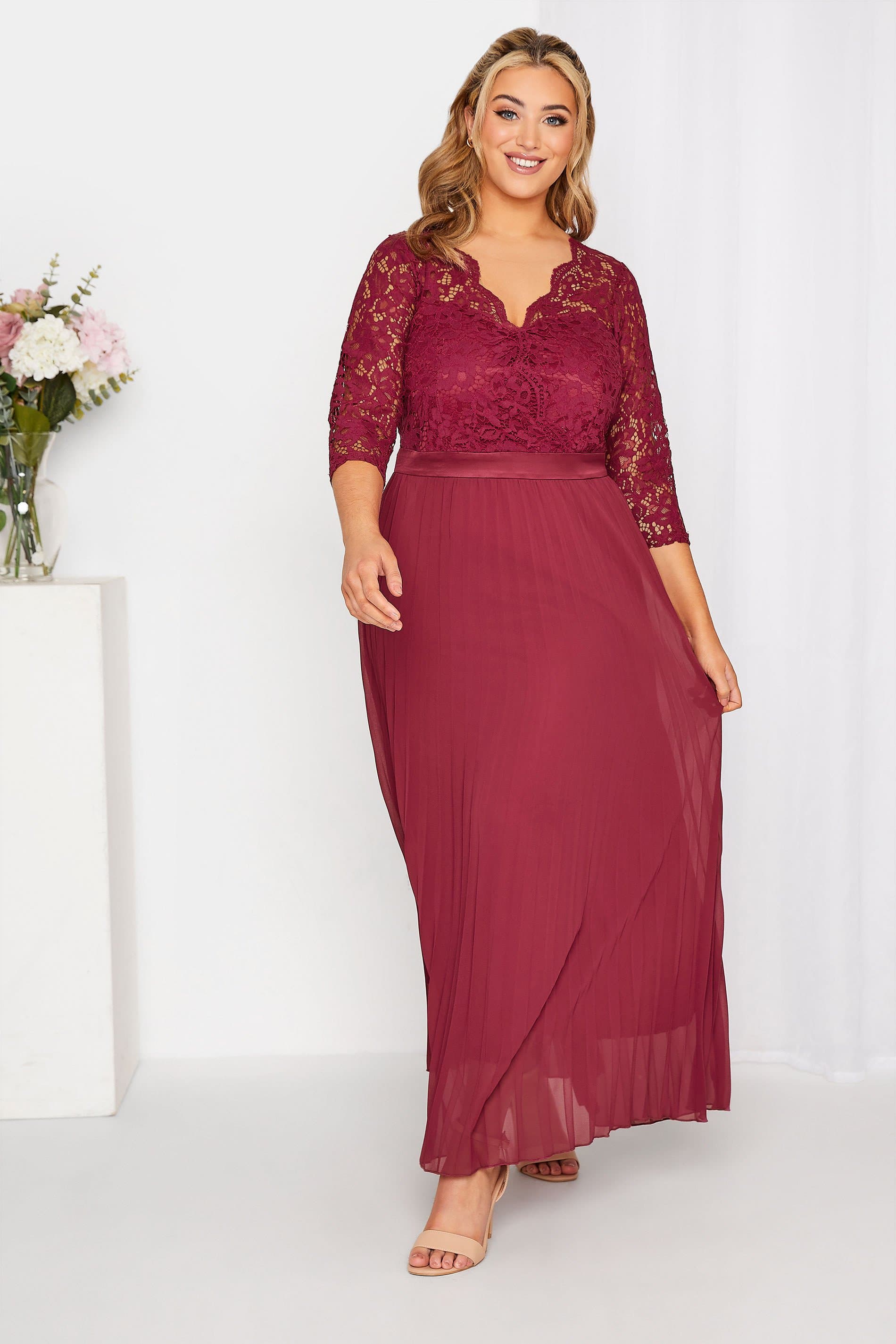 Yours London Plus Size Curve Burgundy Red Lace Pleated Maxi Dress