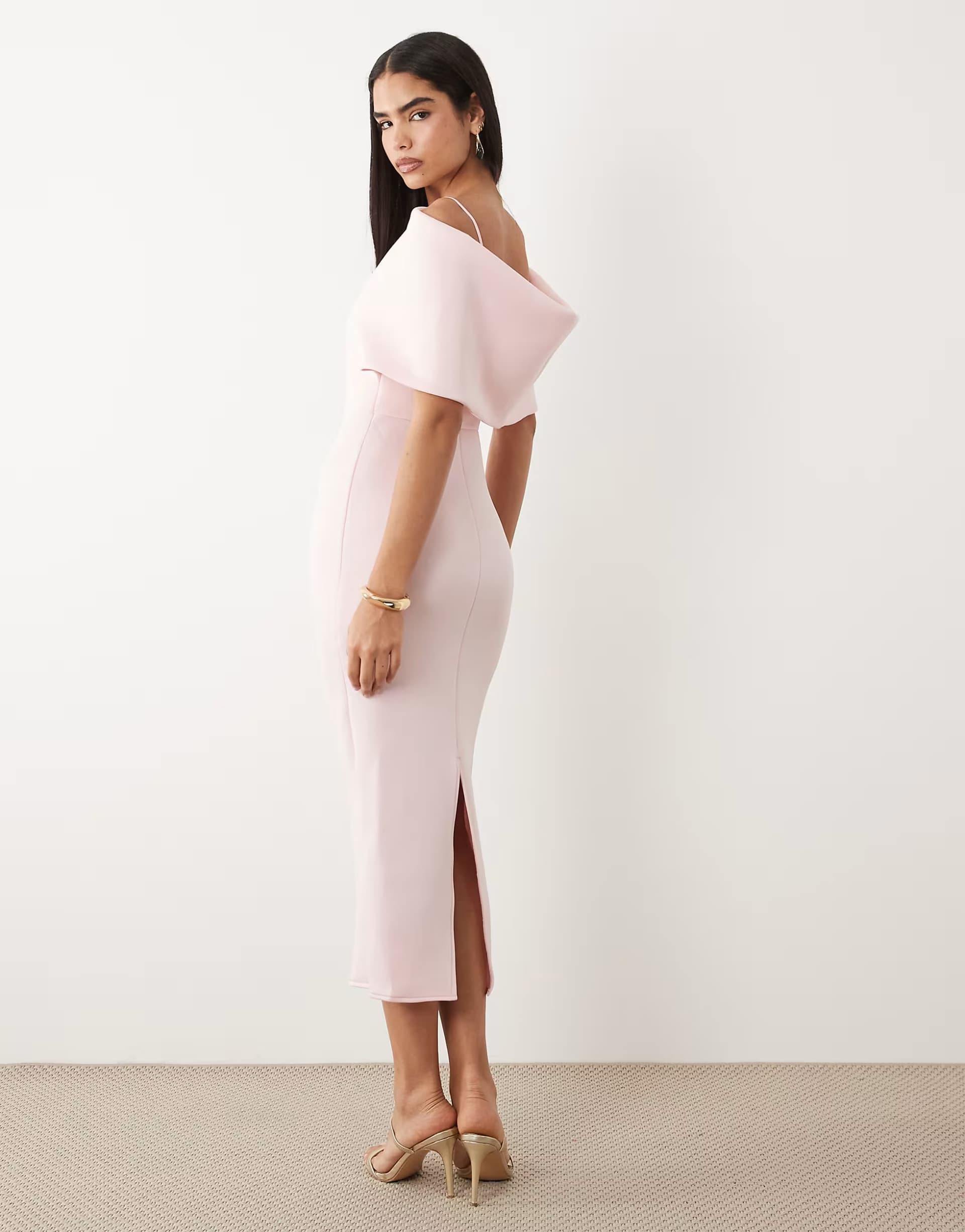 ASOS ASOS DESIGN deep bardot midi dress with cape back detail in pink scuba-style fabric