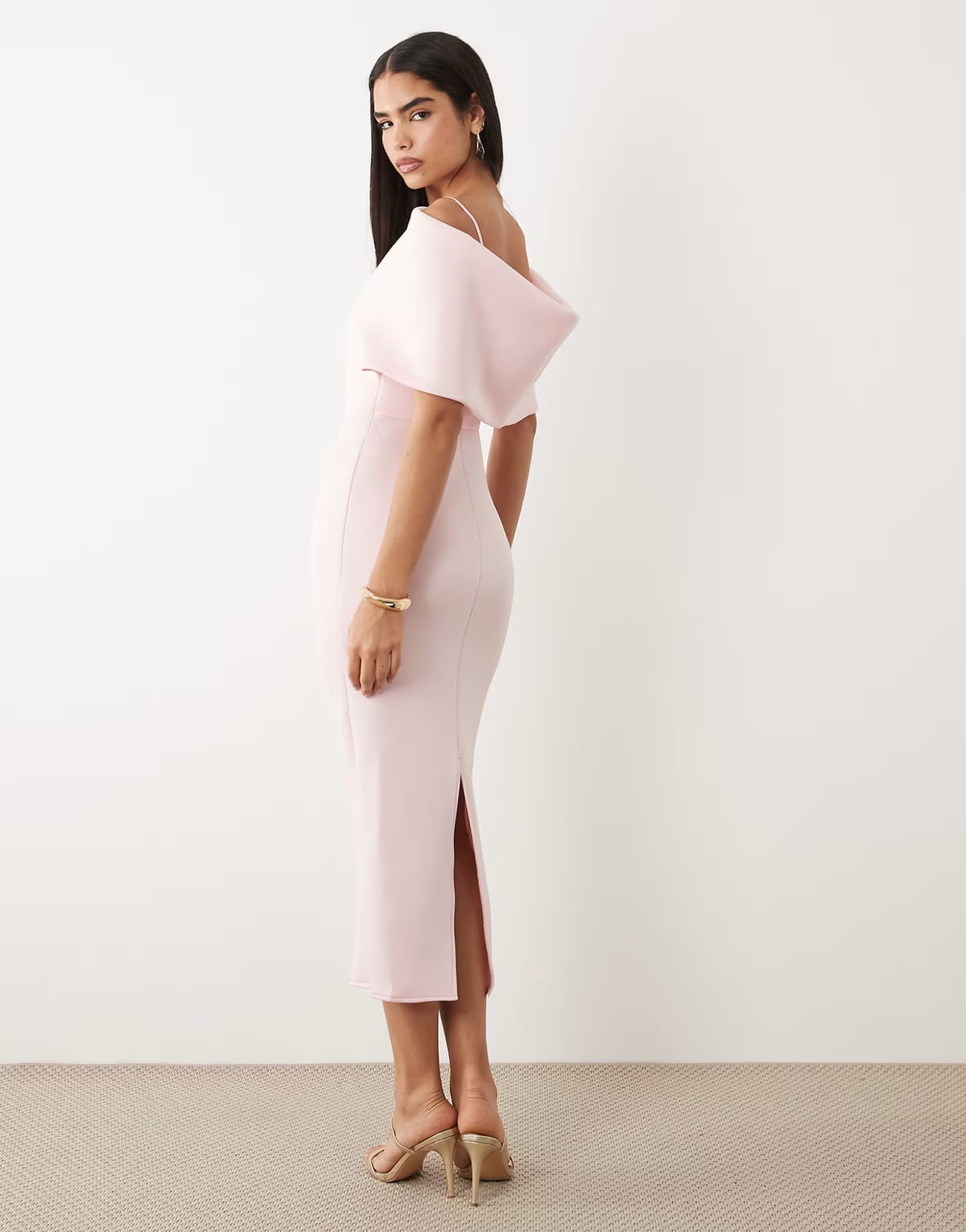 ASOS ASOS DESIGN deep bardot midi dress with cape back detail in pink scuba-style fabric - 1