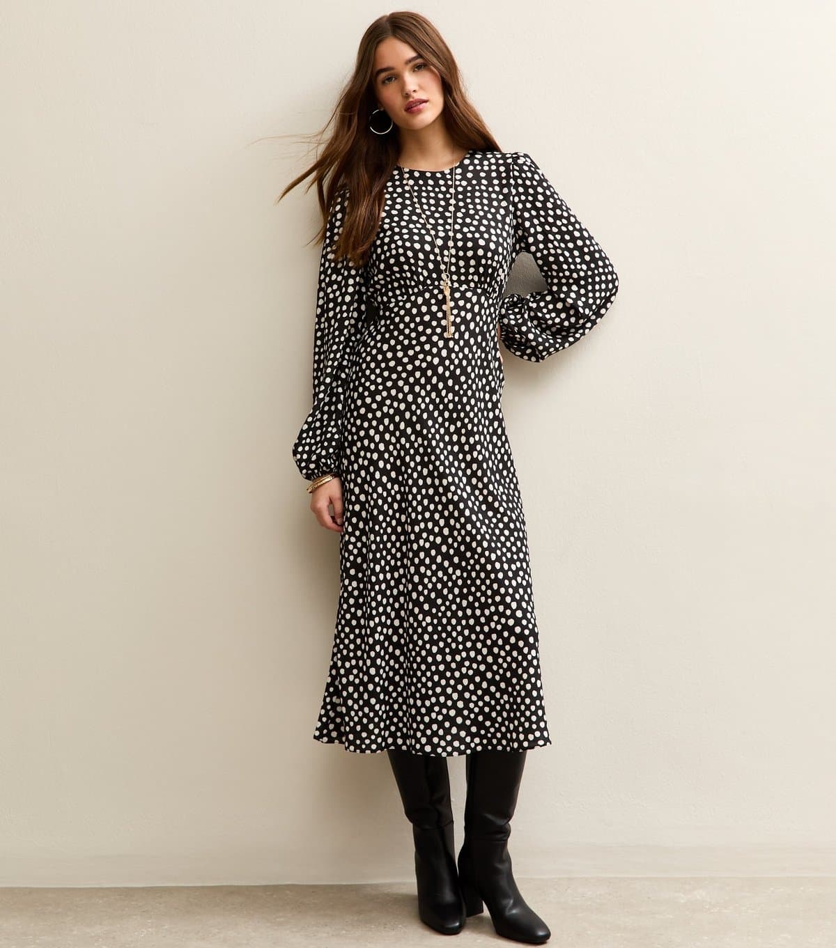 New Look Women's Black Polka Dot Print Midi Dress New Look