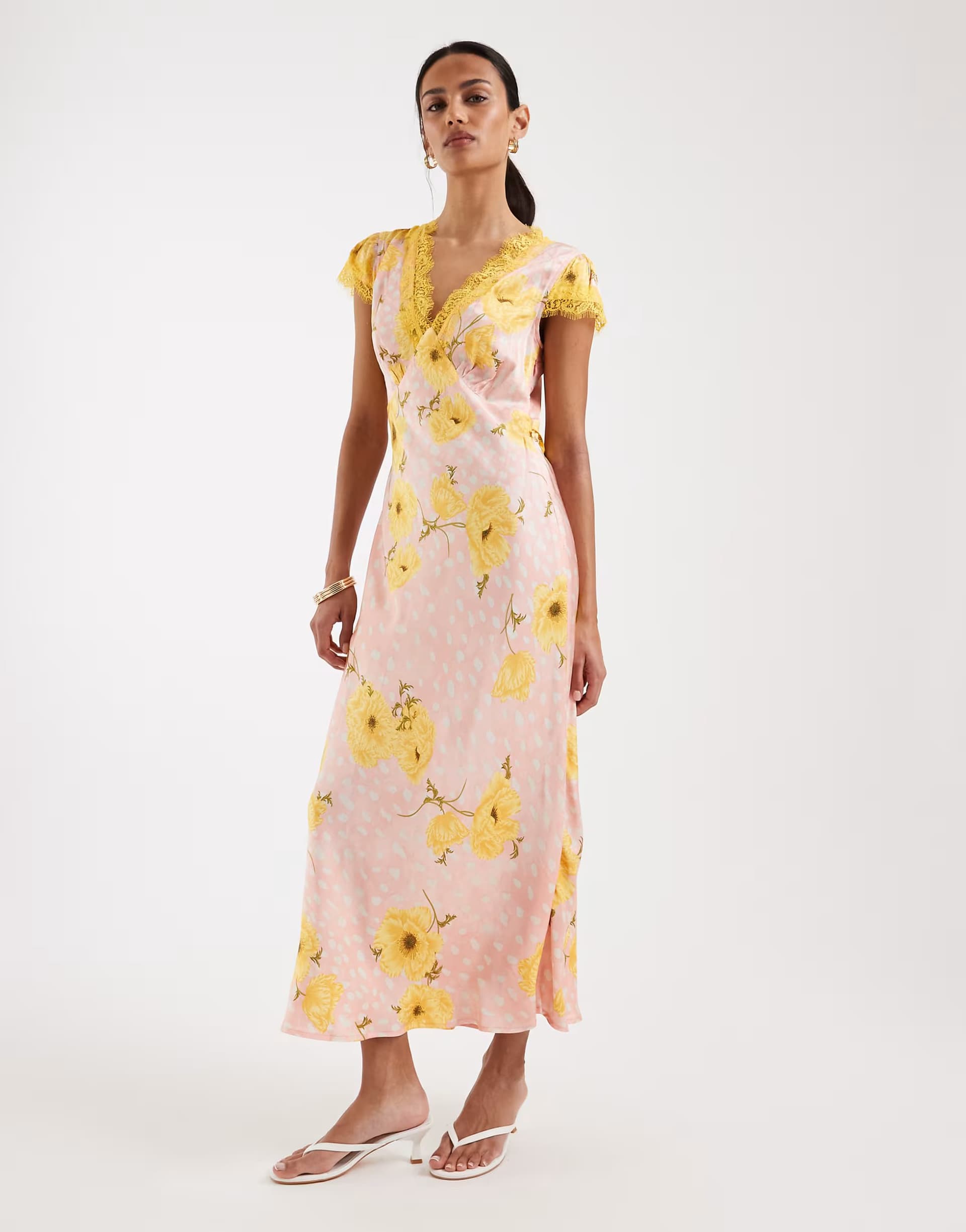 ASOS Never Fully Dressed Olivia v neck maxi dress in yellow poppy spot print