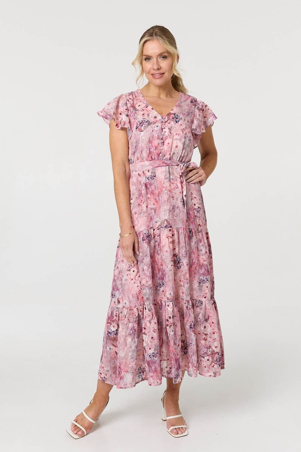 Izabel London Izabel London Women's Floral Tiered Tie Waist Maxi Dress in Pink