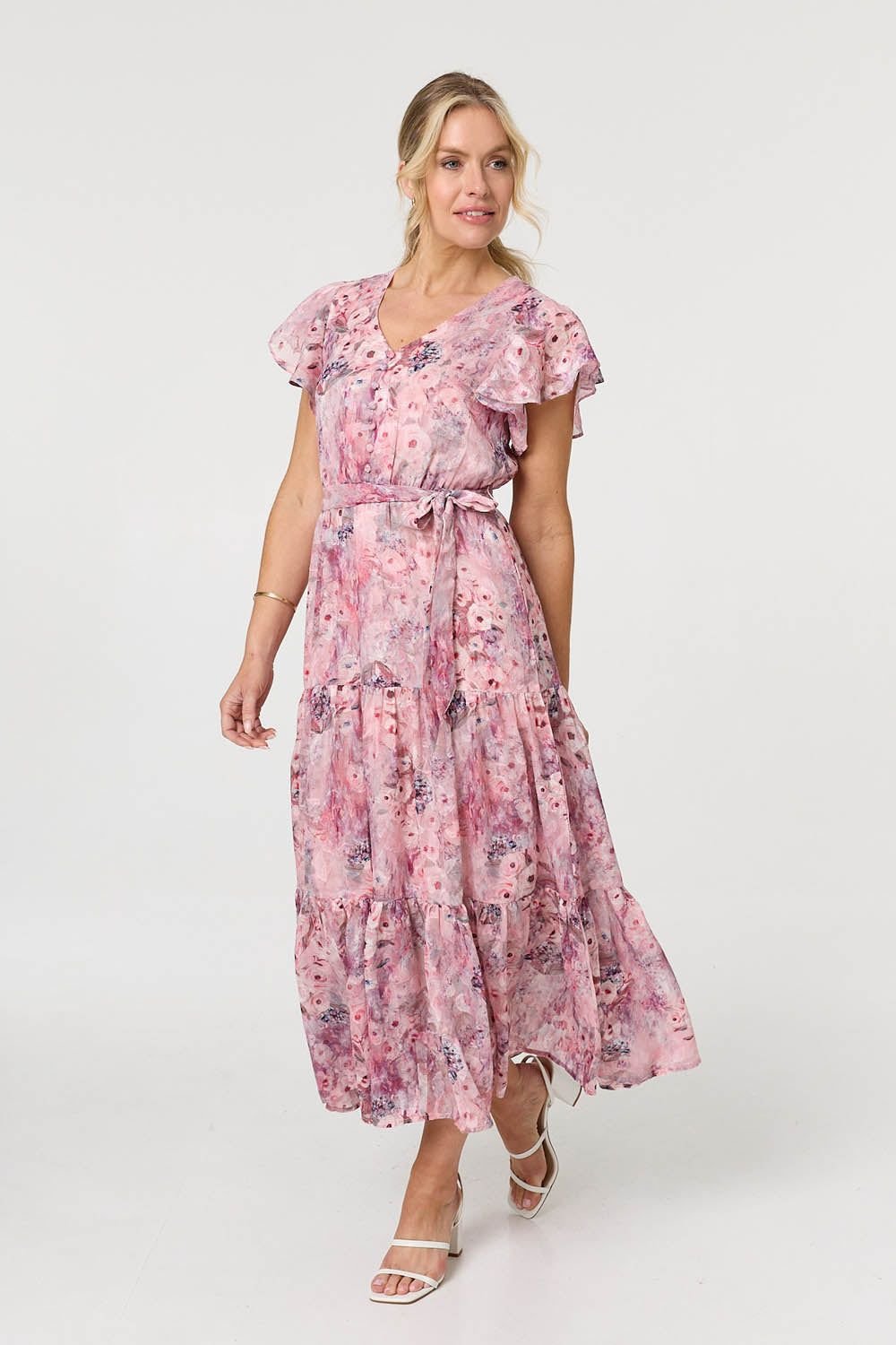 Izabel London Izabel London Women's Floral Tiered Tie Waist Maxi Dress in Pink - 2