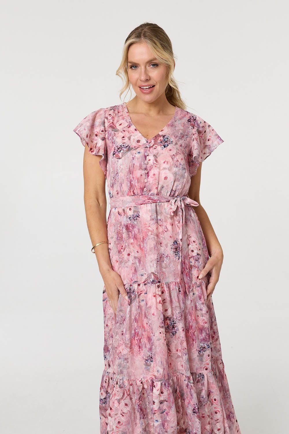 Izabel London Izabel London Women's Floral Tiered Tie Waist Maxi Dress in Pink - 4