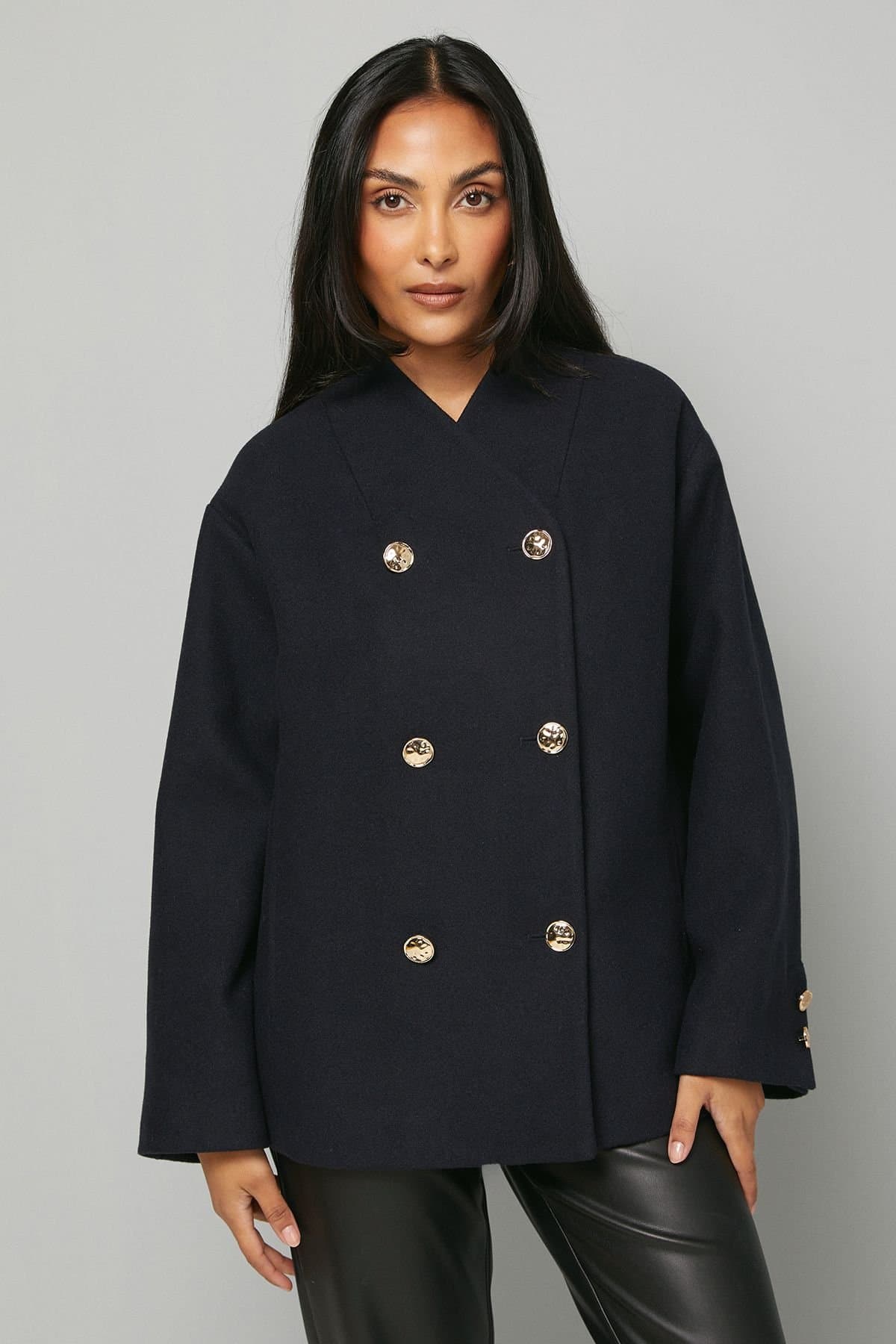 Wallis Wallis Women's Petite Grown On Neck Peacoat in Navy