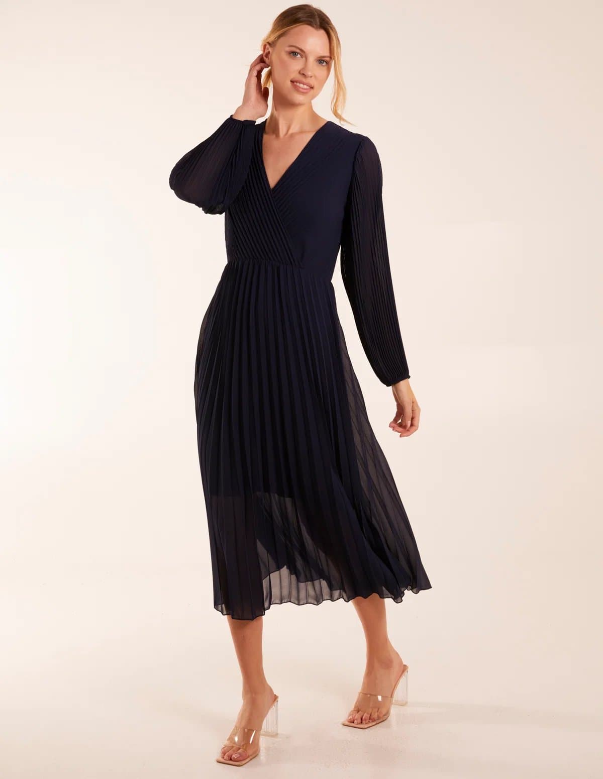 Blue Vanilla Wrap Front Pleated Midi Dress