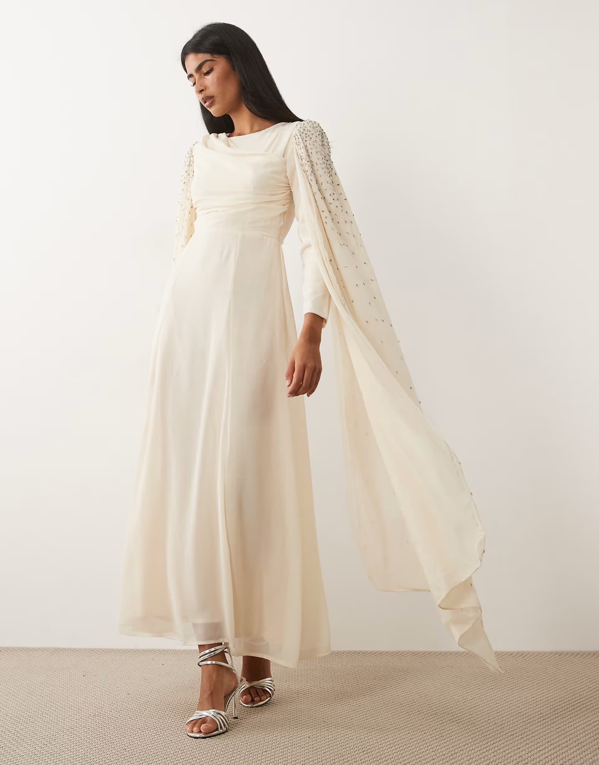 ASOS Beauut embellished cape sleeve maxi dress in off white
