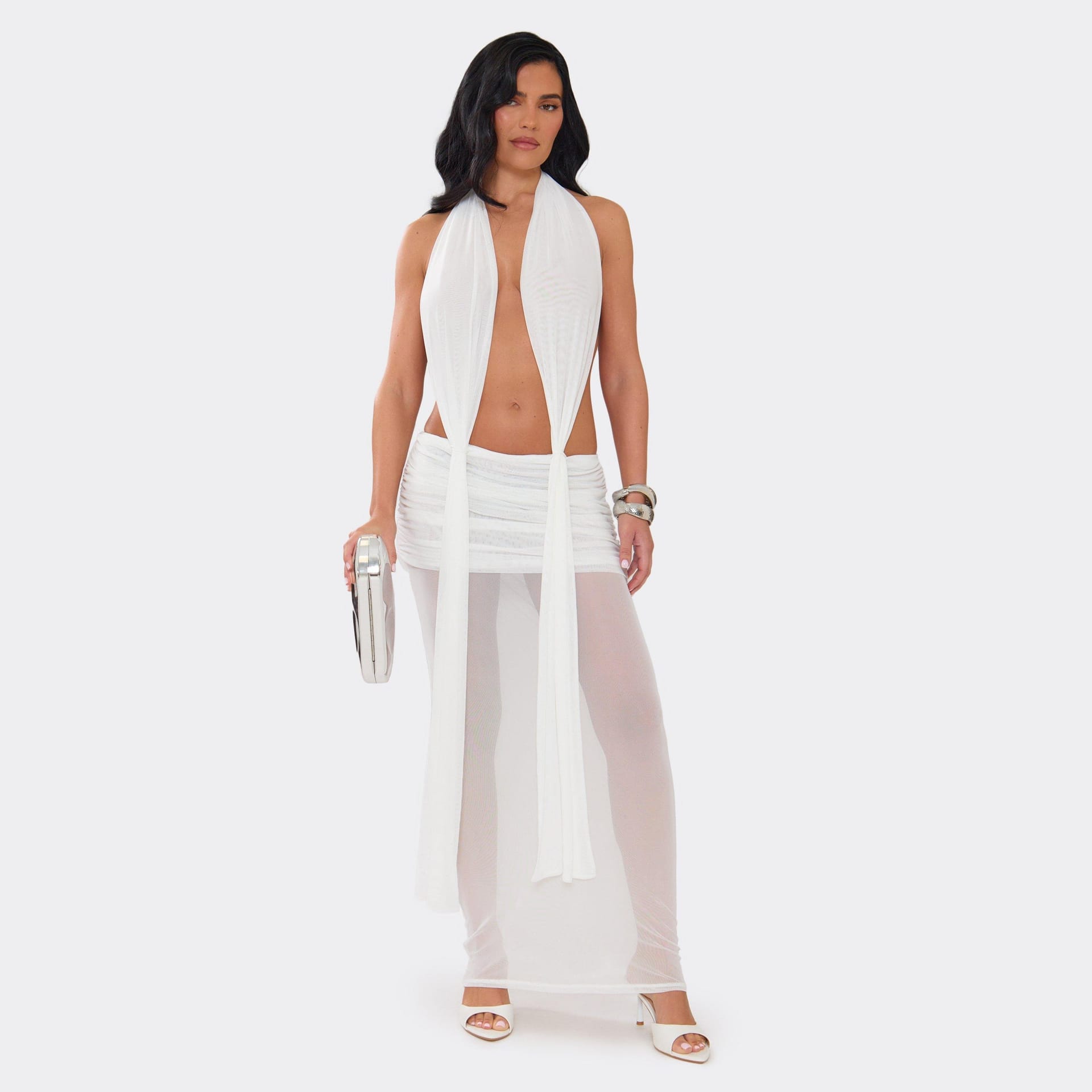 EGO White Mesh Extreme Plunge Draped Ruched Maxi Dress