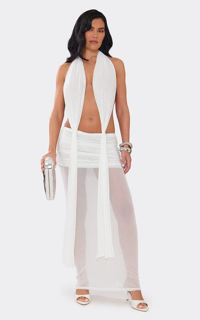 EGO Extreme Plunge Draped Ruched Maxi Dress In White Mesh, Women's Size UK 6 - 2