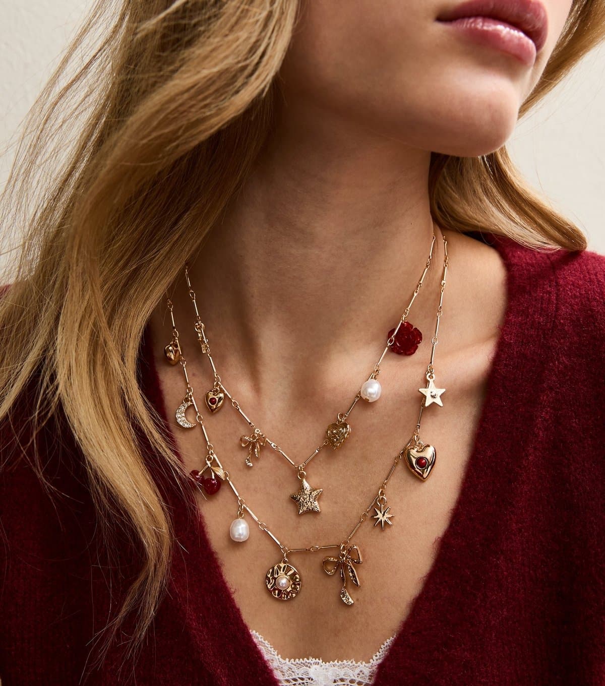 New Look Gold Tone Multi Layer Statement Charms Necklace New Look