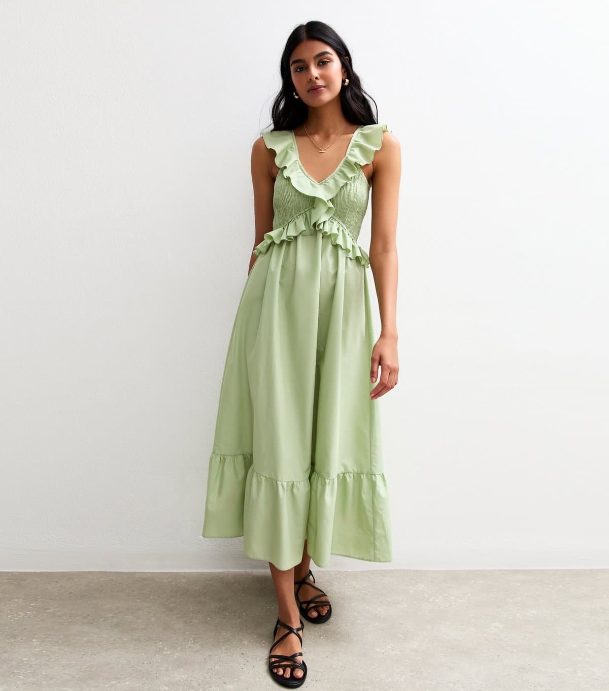 New Look Women's Light Green Ruffle Trim Tiered Hem Midi Dress New Look