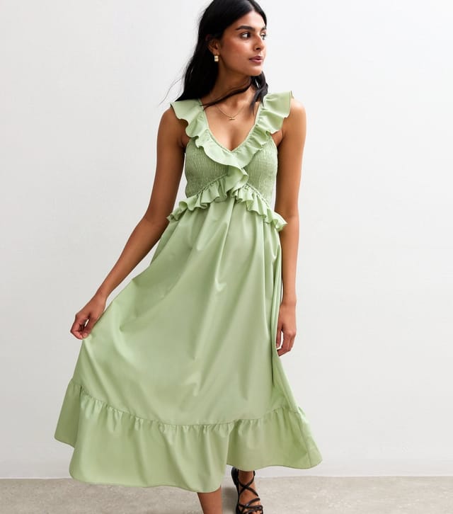 New Look Women's Light Green Ruffle Trim Tiered Hem Midi Dress New Look - 2