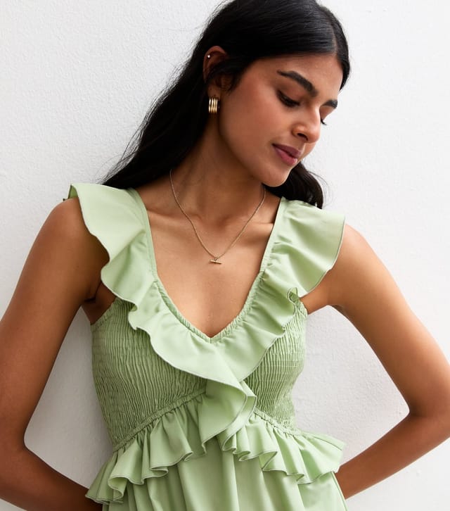New Look Women's Light Green Ruffle Trim Tiered Hem Midi Dress New Look - 3