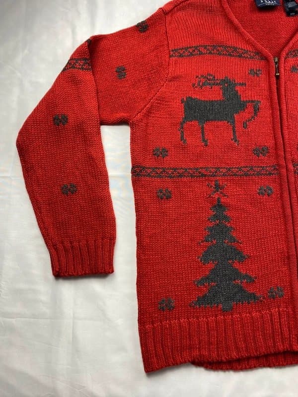 Crazy Horse. Reduced!! 90s Vintage Christmas Cardigan Crazy Horse Red Knit Reindeer & Tree Immaculate Size L