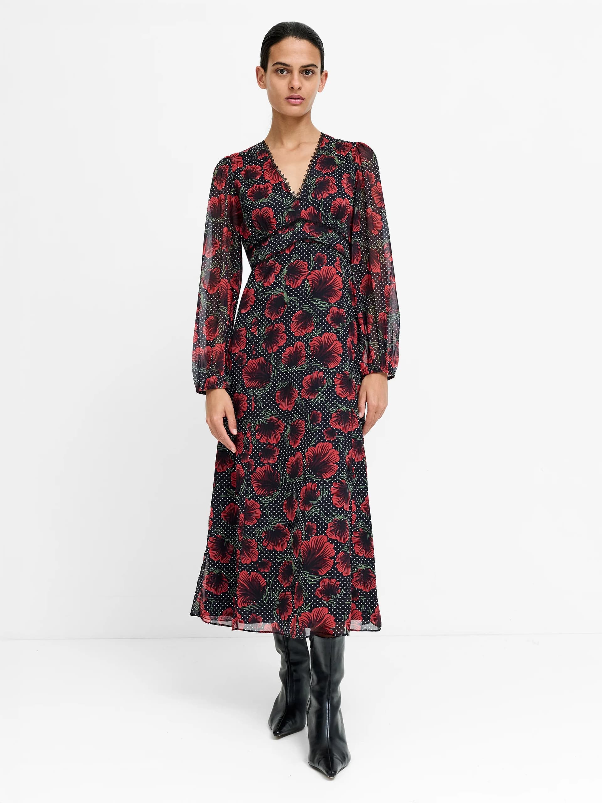 French Connection Sara Black Floral Polka Dot Chiffon Midi Dress Red Black White Multi