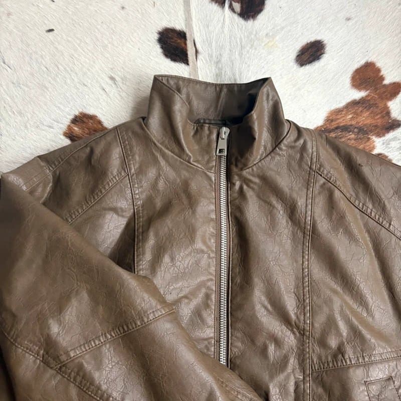Topshop Brown leather bomber jacket