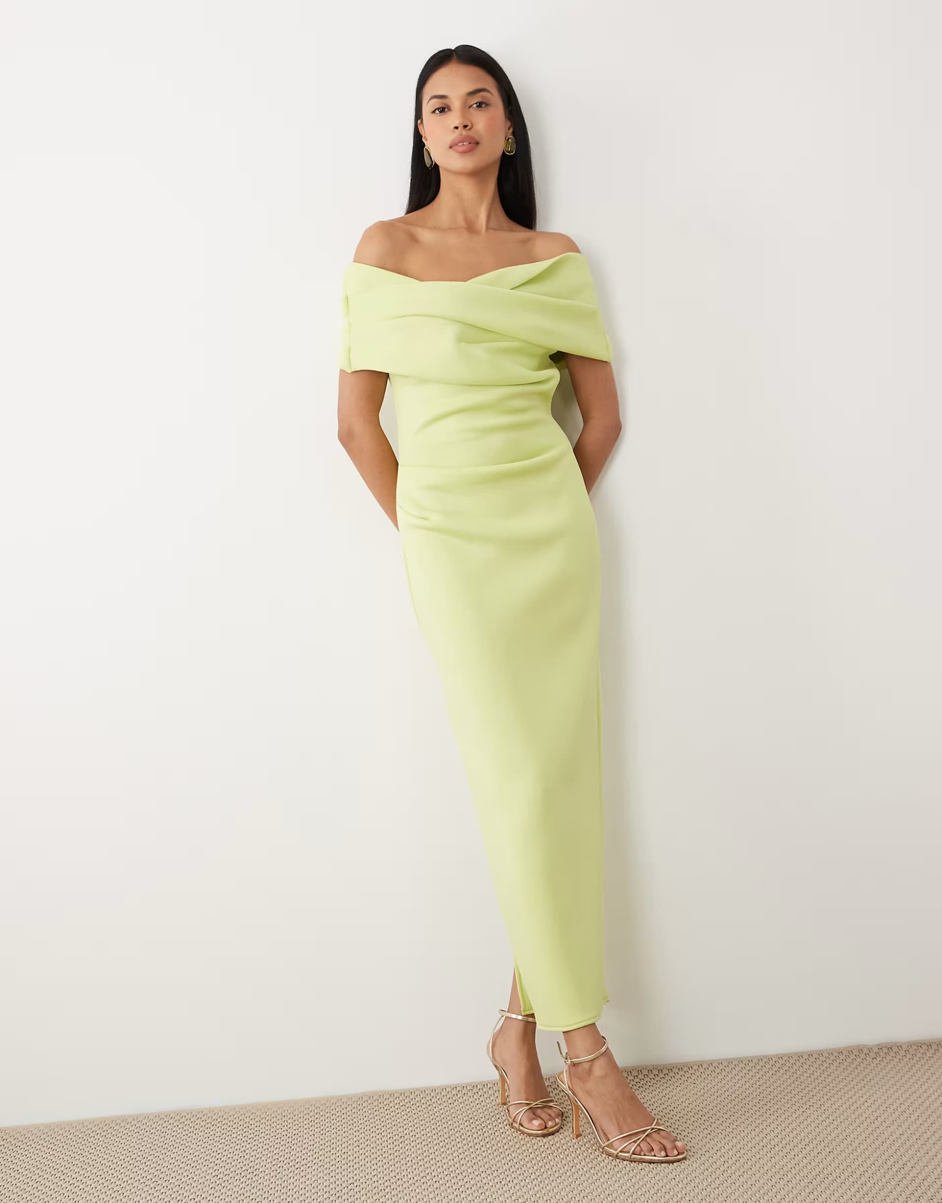 ASOS ASOS DESIGN bardot midi dress with split in light green scuba-style fabric