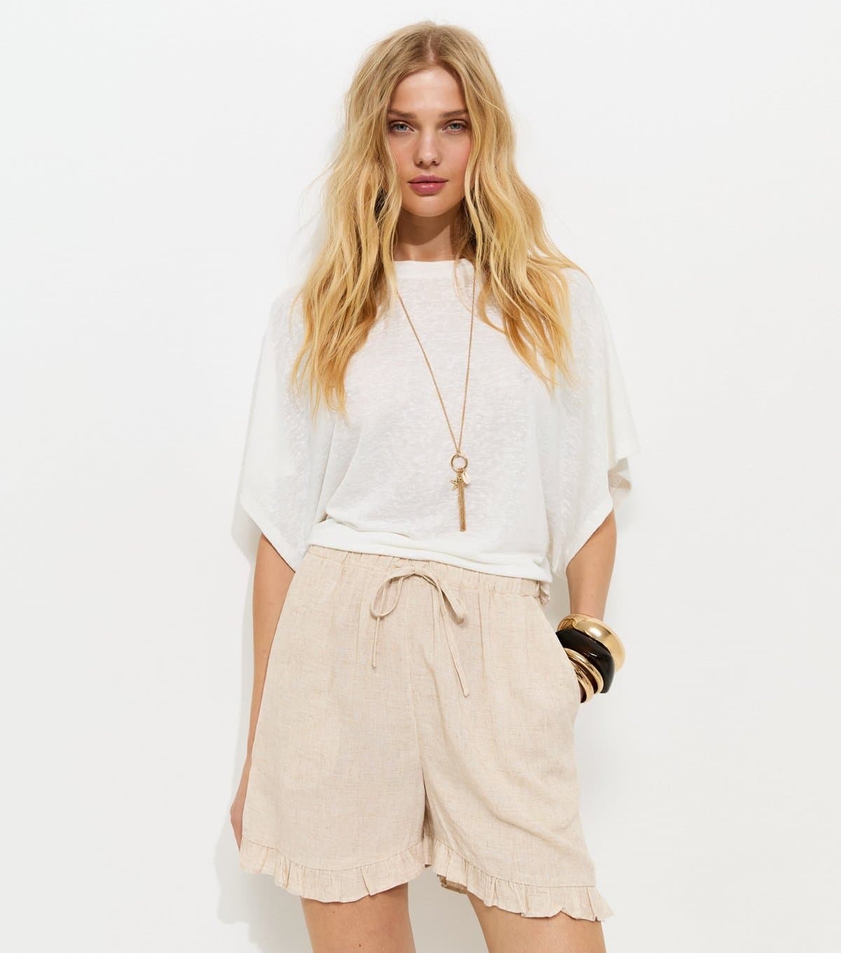New Look New Look Stone Linen-Infused Ruffle Trim Shorts