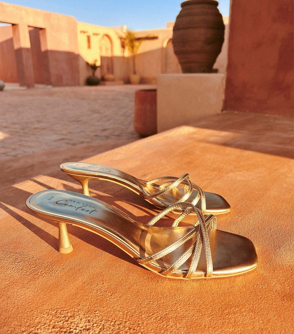 New Look New Look Gold Faux Leather Strappy Kitten Heel Mules Vegan