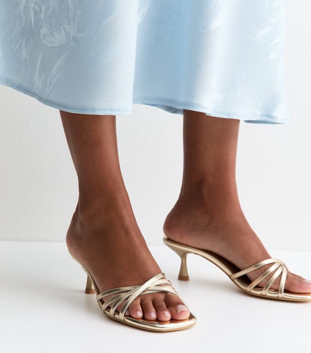 New Look Women's Gold Faux Leather Strappy Kitten Heel Mules Vegan New Look - 2