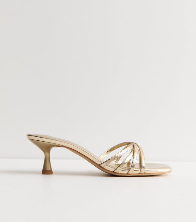 New Look Women's Gold Faux Leather Strappy Kitten Heel Mules Vegan New Look - 3
