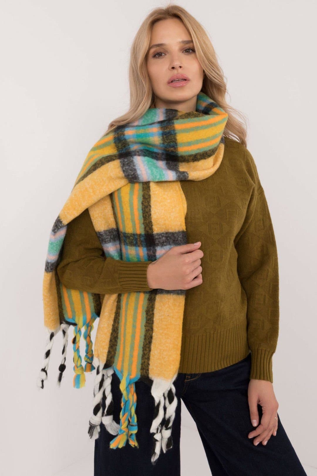Love Lace Love Lace Women's Elegant Check Pattern Polyester Scarf with Tassels for Warmth in Yellow