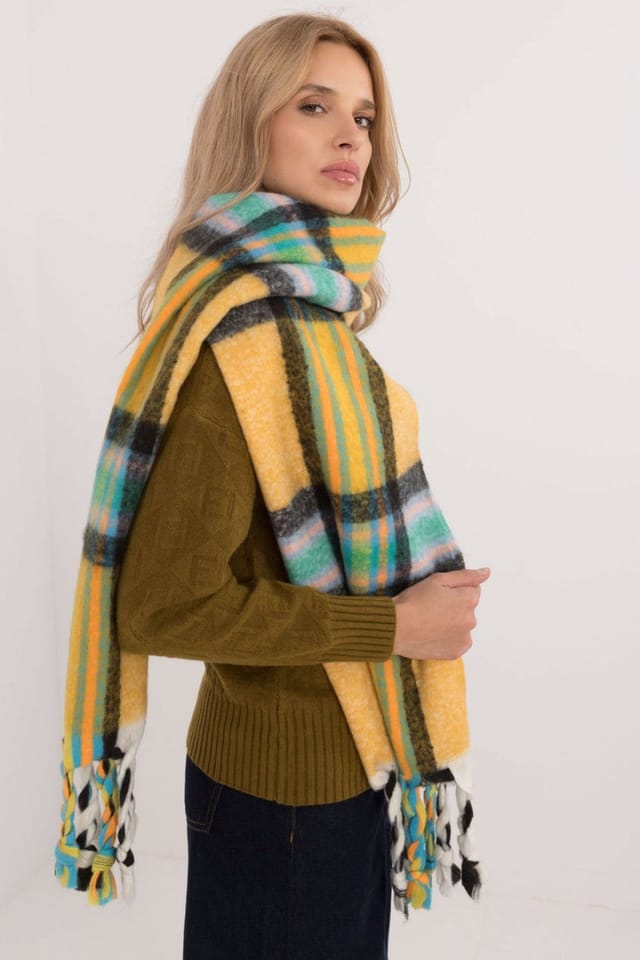 Love Lace Love Lace Women's Elegant Check Pattern Polyester Scarf with Tassels for Warmth in Yellow - 2