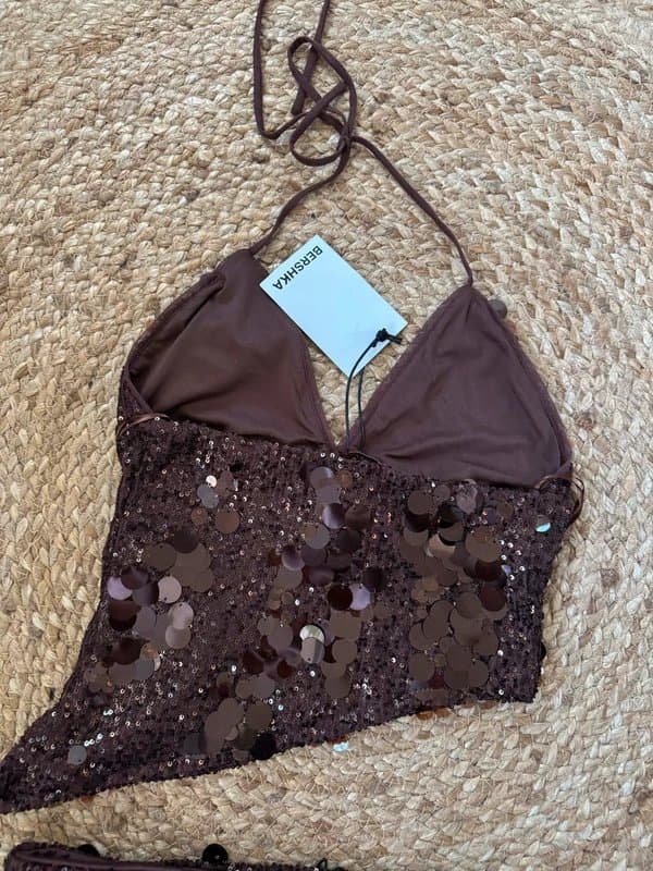 Bershka Bershka brown sequin co-ord top & skort size S