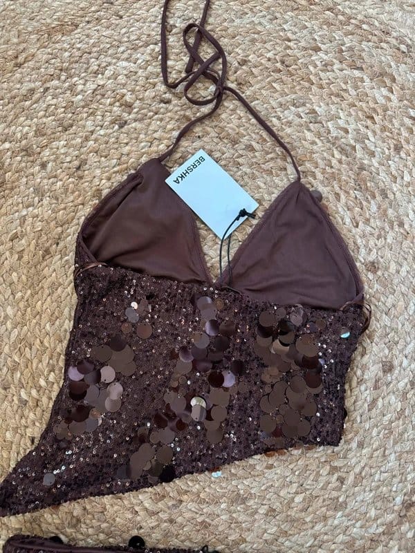 Bershka Brown Sequin Co-ord Top & Skort Set Size S