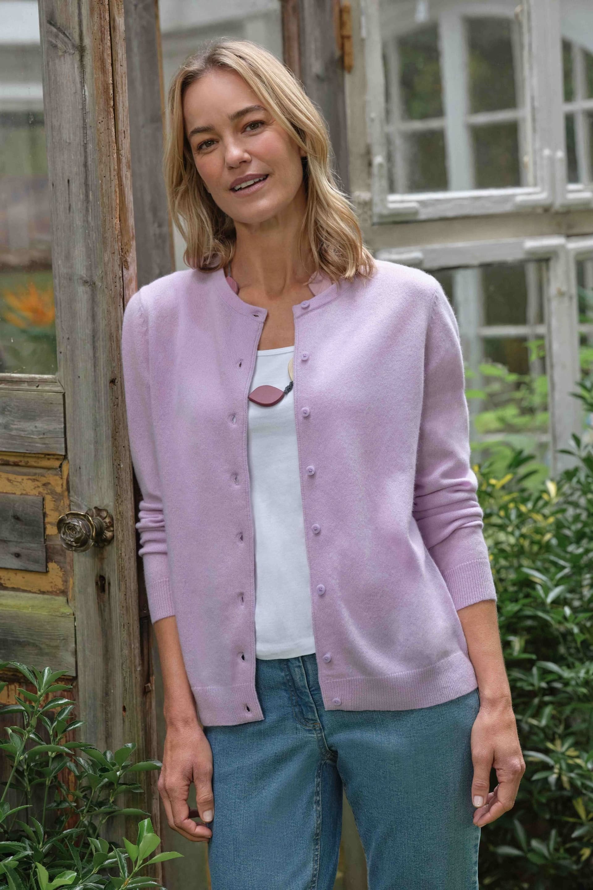 WoolOvers WoolOvers Women's Cashmere Merino Crew Neck Cardigan in Lilac