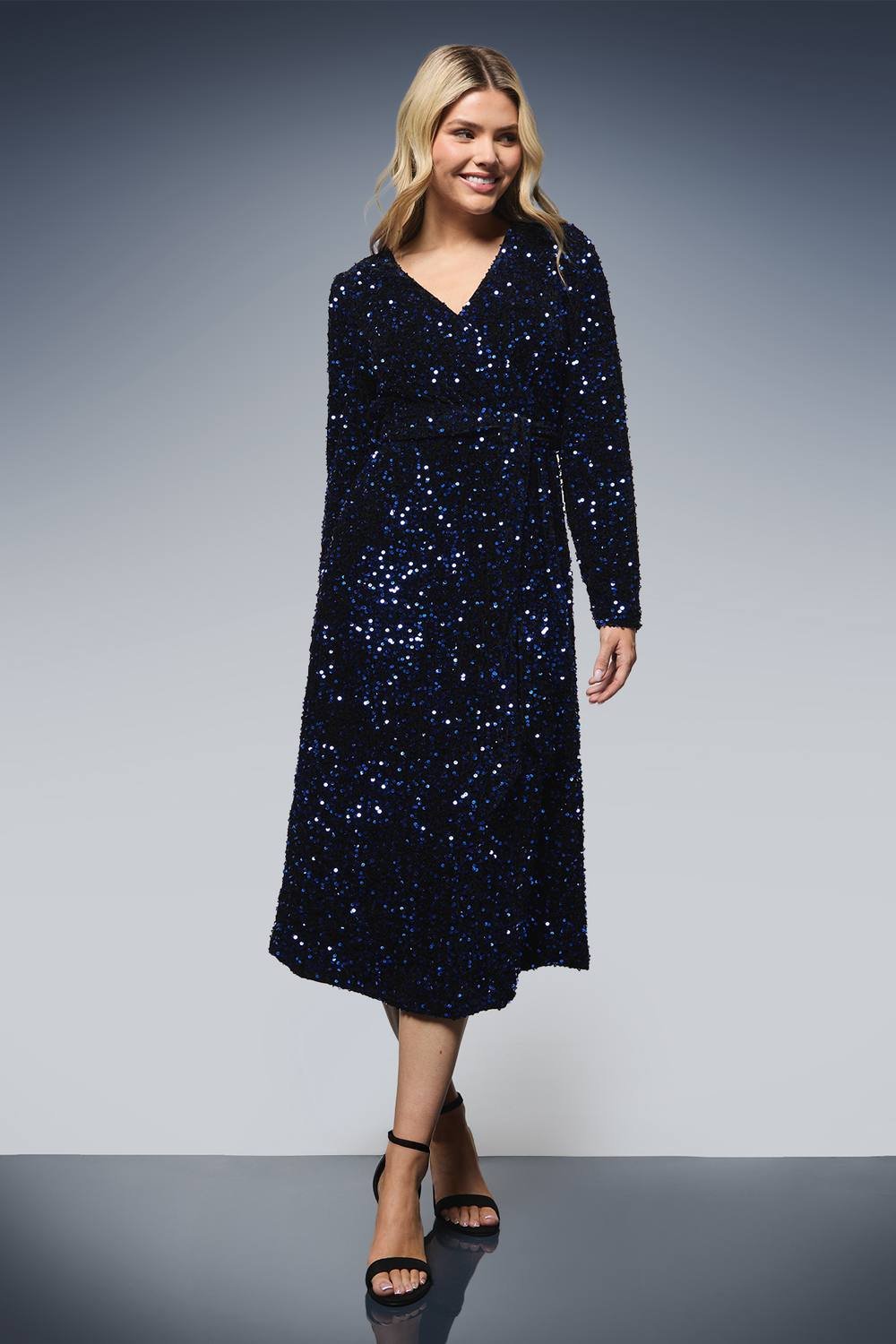 Dorothy Perkins Dorothy Perkins Women's Velvet Sequin Wrap Midi Dress in Cobalt - 2