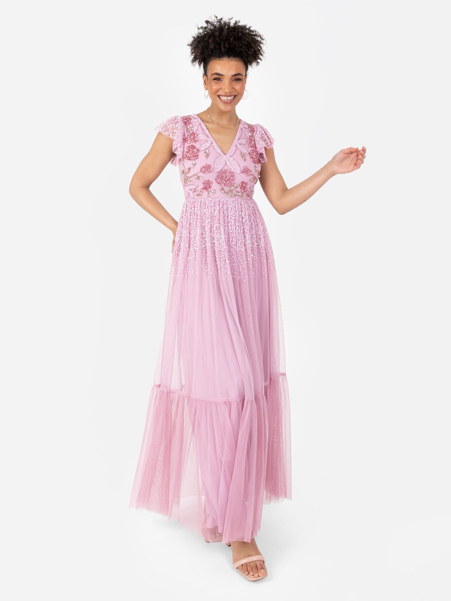 Maya Deluxe Maya Deluxe Women's Flutter Sleeve Maxi Dress in Pink