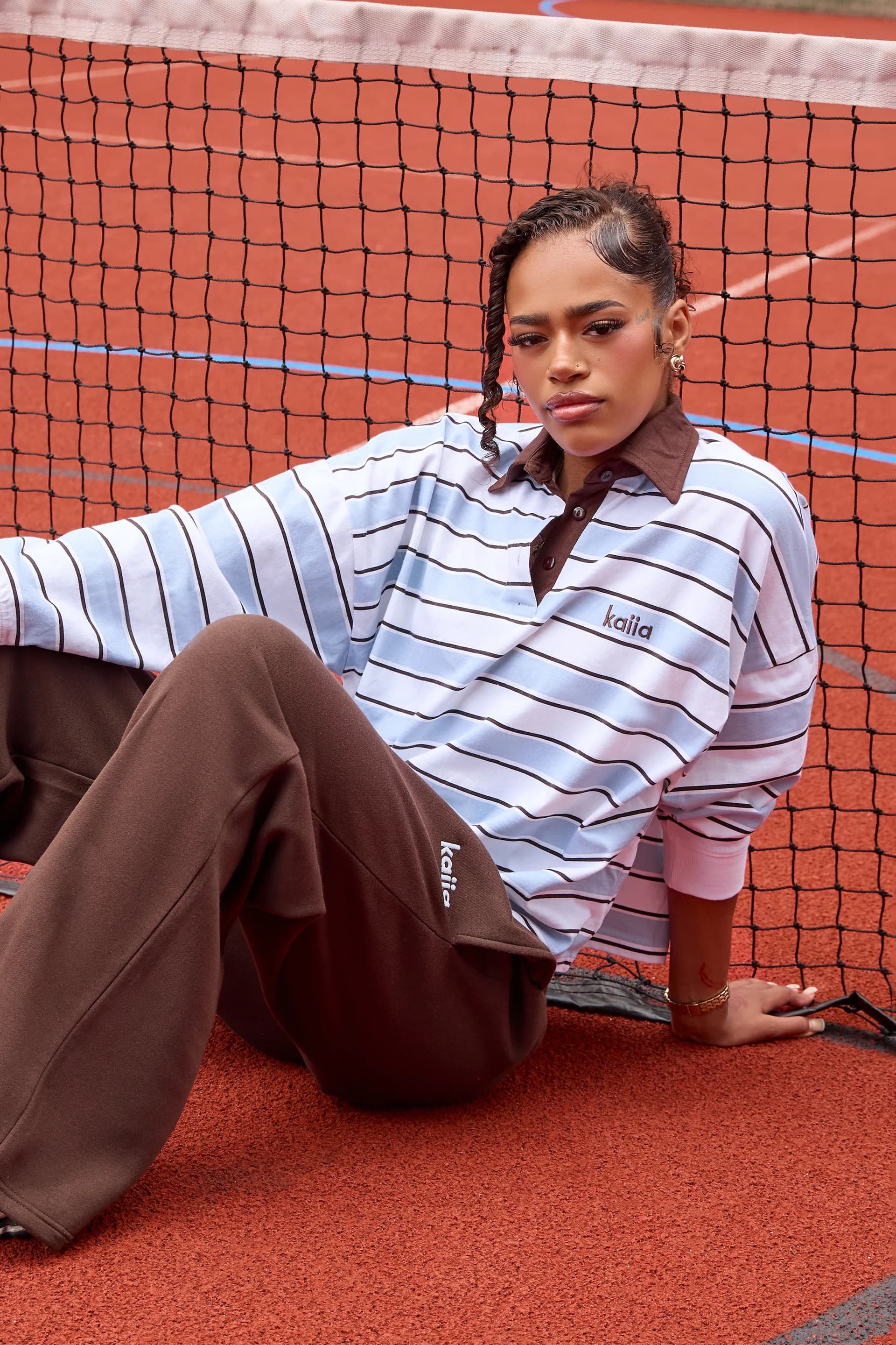 Kaiia Kaiia Striped Rugby Style Top Sky Blue & Bitter Chocolate
