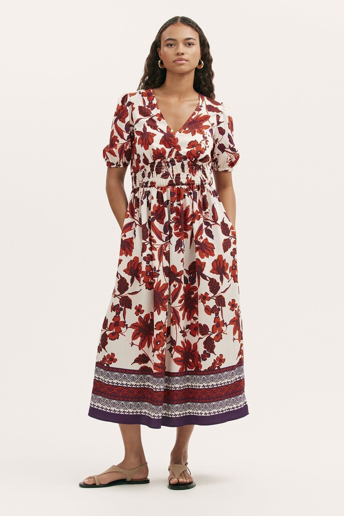 Finery London Finery London Women's Kiara Printed V-Neck Midi Dress in Cream