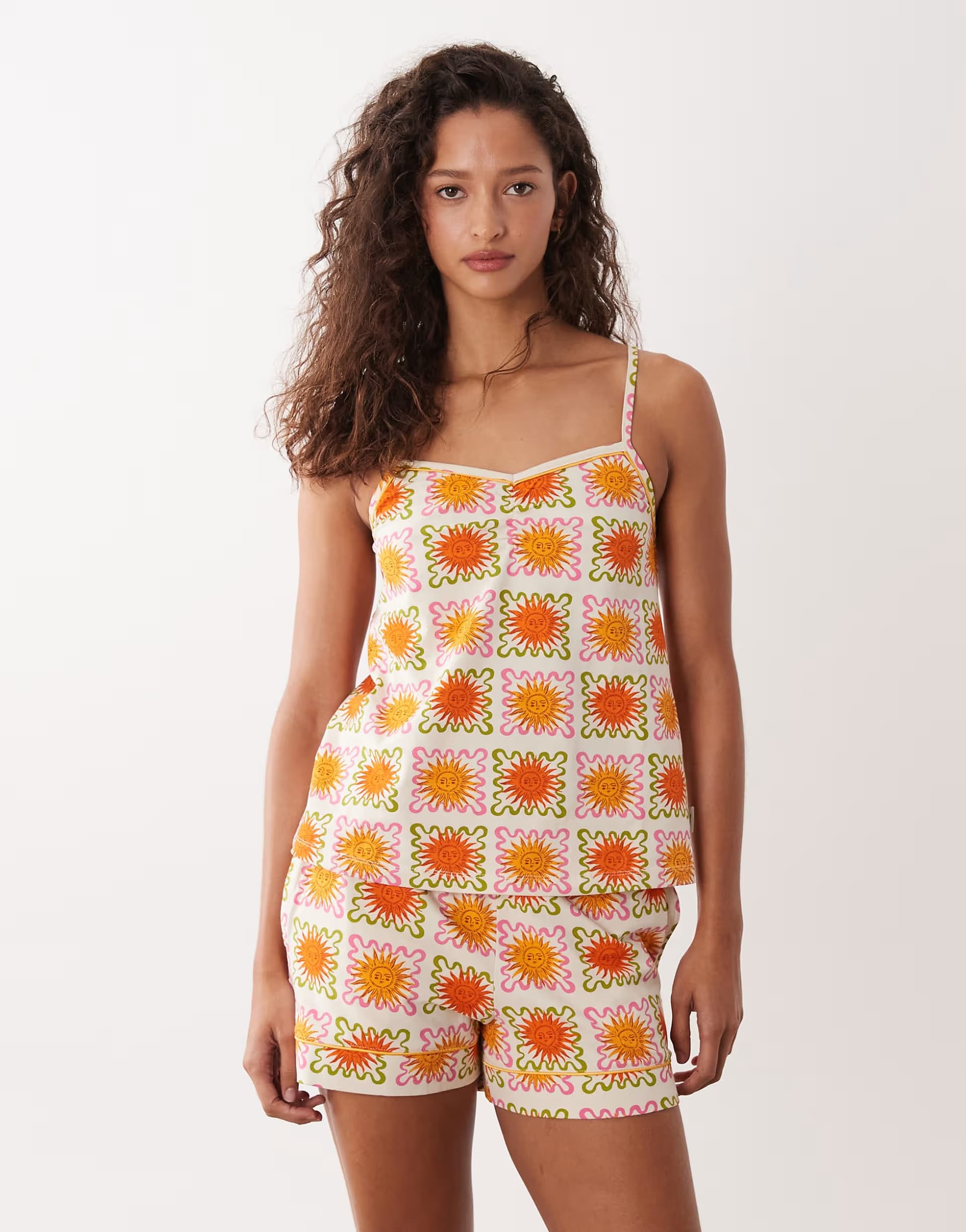 ASOS Chelsea Peers sunshine grid ruched cami with botton side short nightwear set in multi