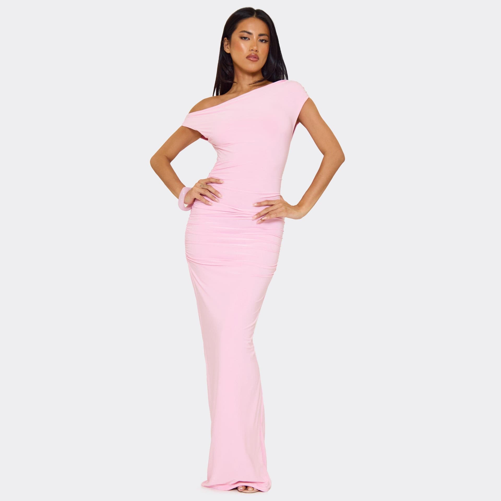 EGO Asymmetric One Shoulder Ruched Detail Maxi Dress In Pink, Women's Size UK 6