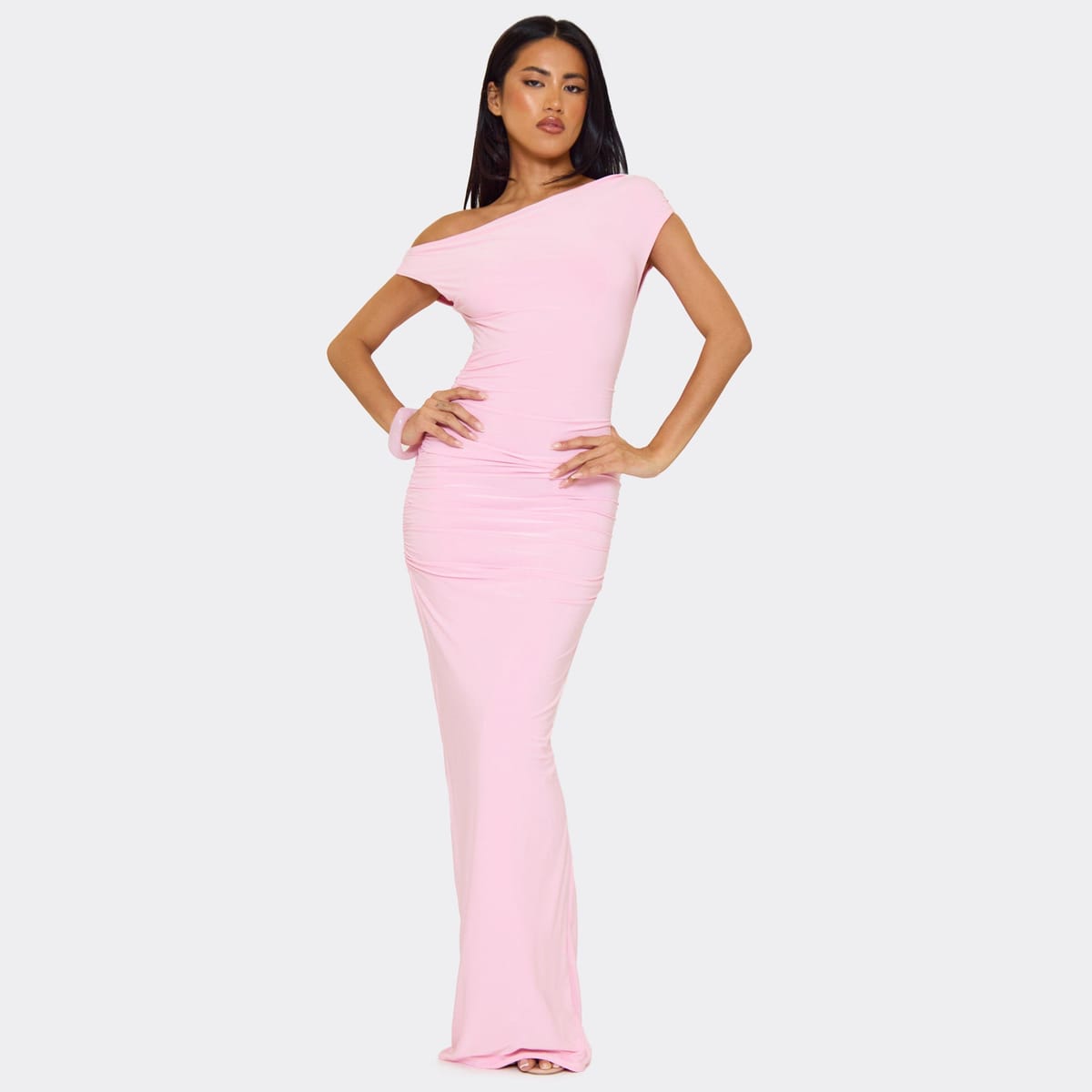 EGO Asymmetric One Shoulder Ruched Detail Maxi Dress In Pink, Women's Size UK 6 - 1
