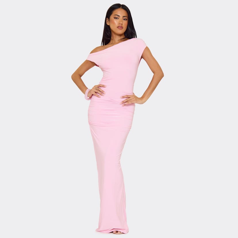 EGO Asymmetric One Shoulder Ruched Detail Maxi Dress In Pink, Women's Size UK 6 - 1