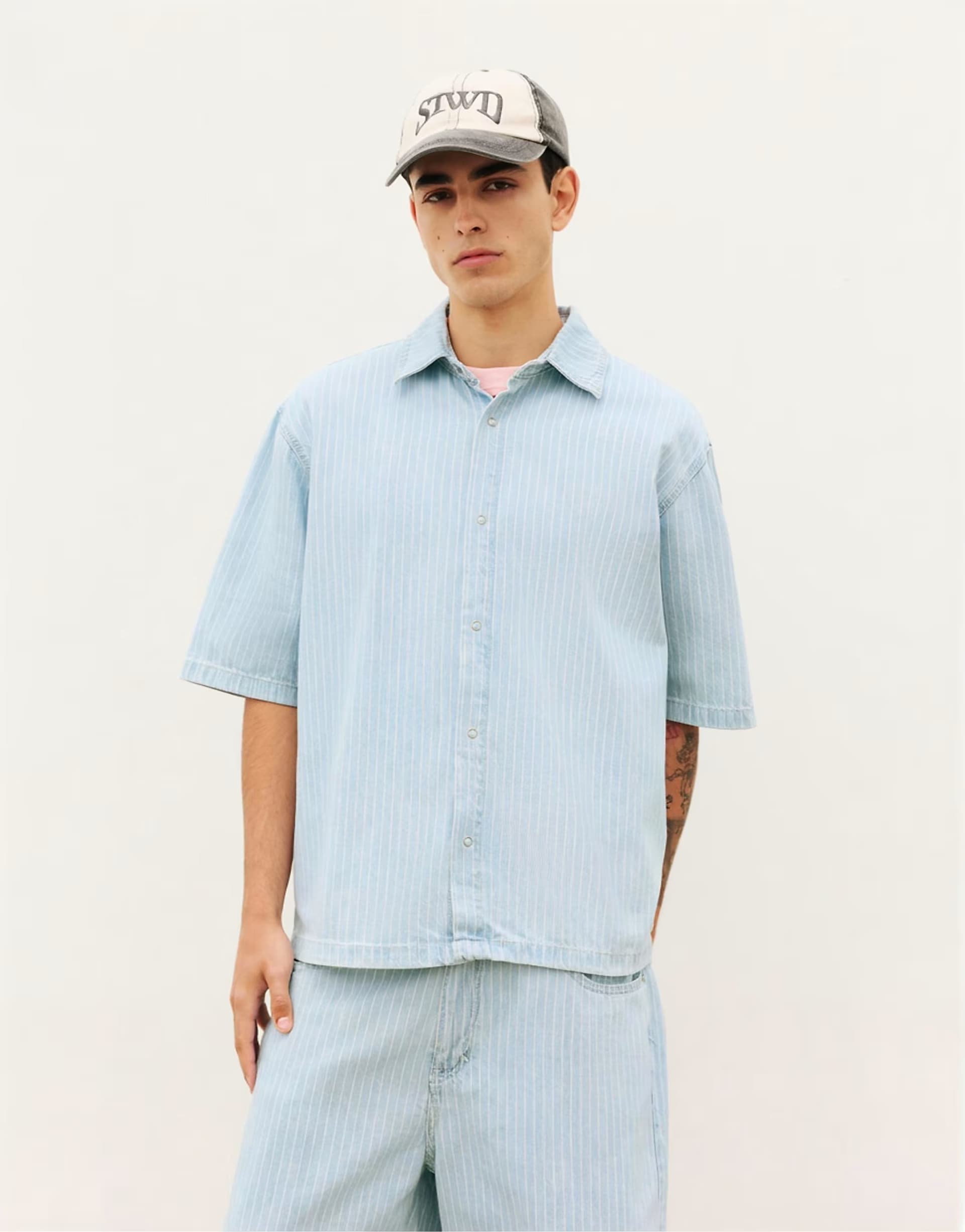 ASOS Pull&Bear Short sleeve striped denim shirt in pale indigo