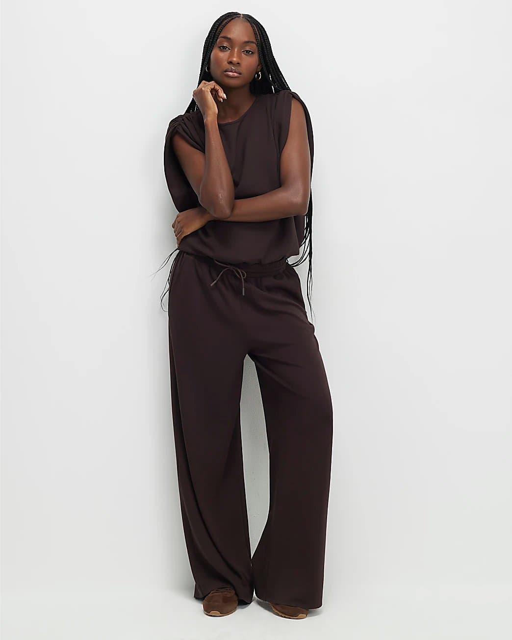 River Island River Island Womens Brown High Waisted Premium Wide Leg Joggers