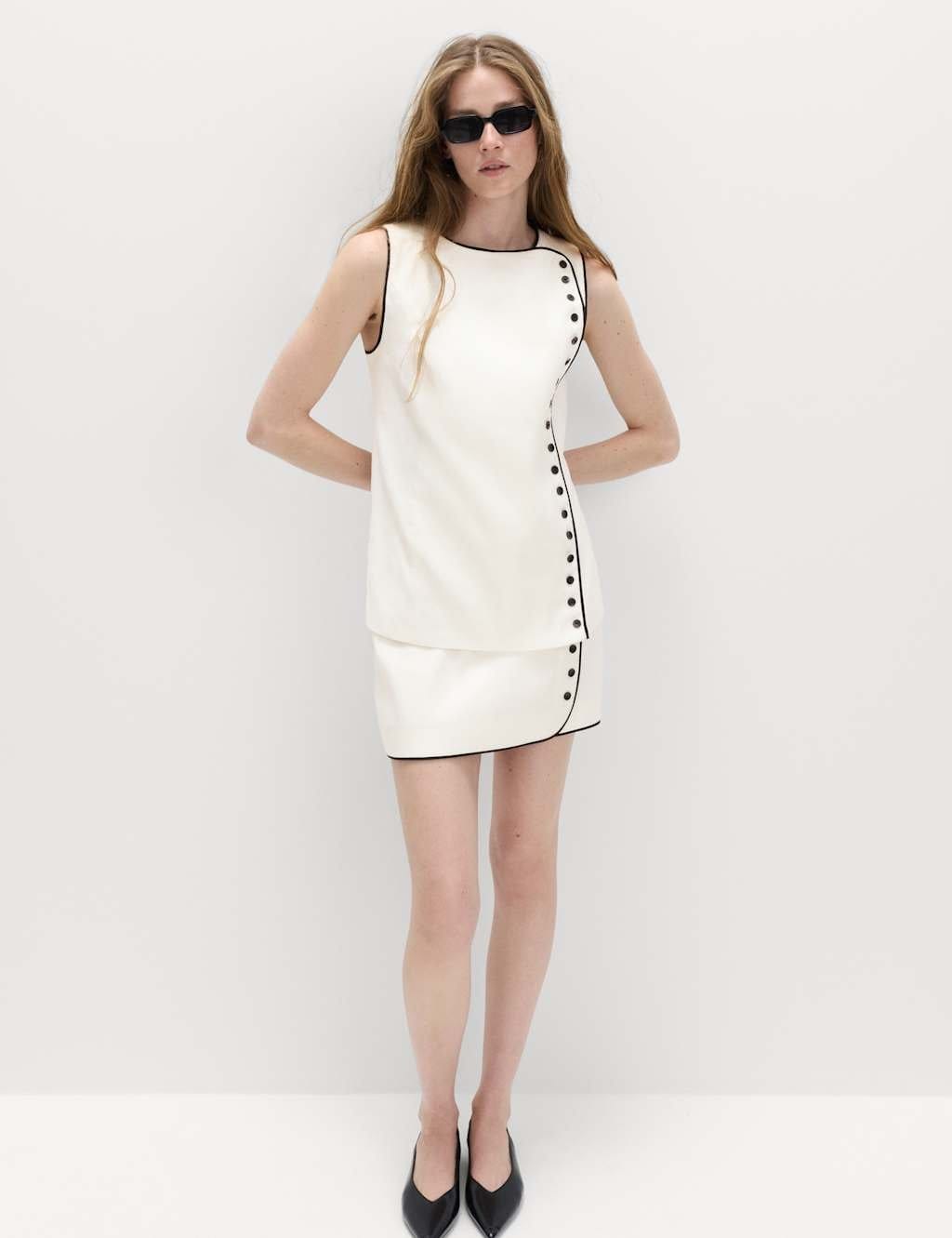Marks & Spencer M&S Linen Blend Contrast Piping Mini Skirt Ivory Mix - 1