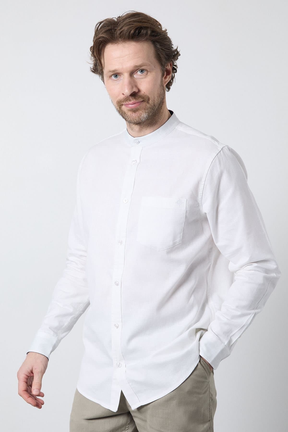 Maine Maine Men's White Grandad Long Sleeve Linen Blend Shirt